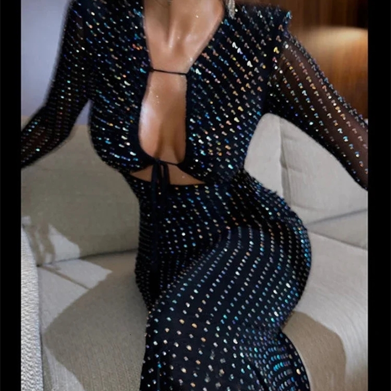 Autumn and winter sequins hollow sexy party club Maxi womens mesh long sleeved lace upper dress Vestido 241231