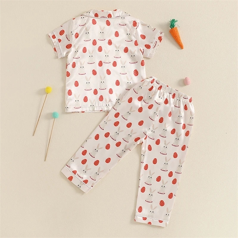 Adorable Toddler Easter Pajama Set with Bunny and Chick Print Short Sleeve Button-up Tops and Long Pants 2 Piece Sleepwear 250219