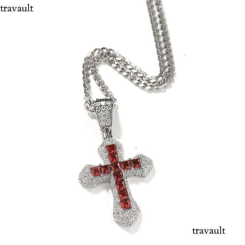 Blue Red Zircon Cross Fashion Mens Gold Necklace Hip Hop Iced Out Pendant Necklaces Jewelry