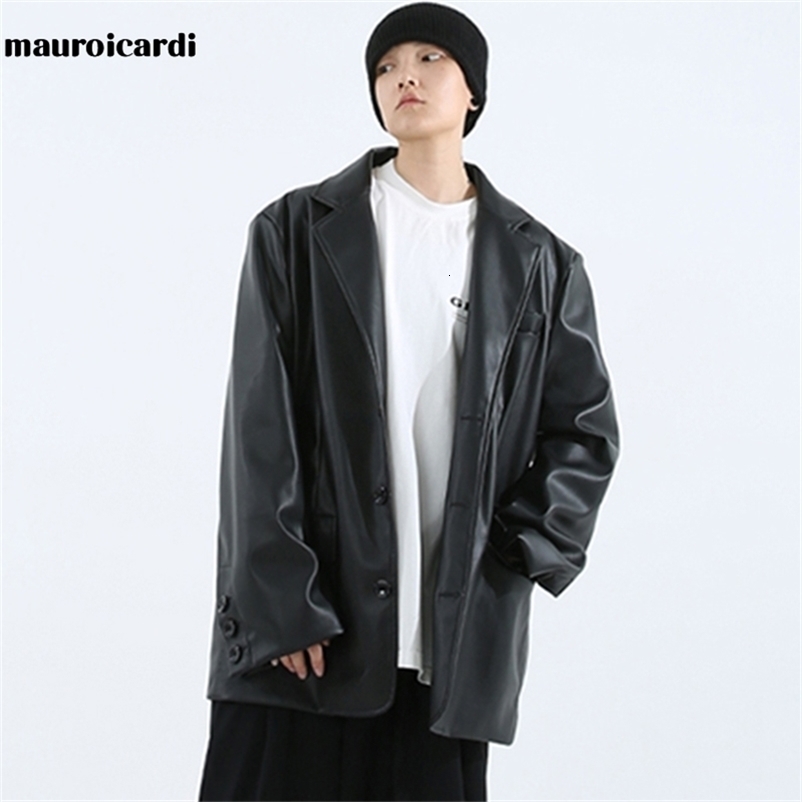 Men's Leather Faux Mauroicardi Spring oversized leather blazers long sleeve Black brown loose causal soft faux jacket for men style 220913