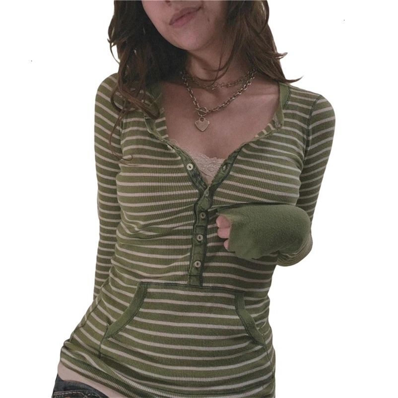 Xingqing Stripe T Shirts for Women Button V Neck Long Sleeve Tops with Pocket y2k 2000s Fairy Grunge Clothes Vintage Streetwear 240716