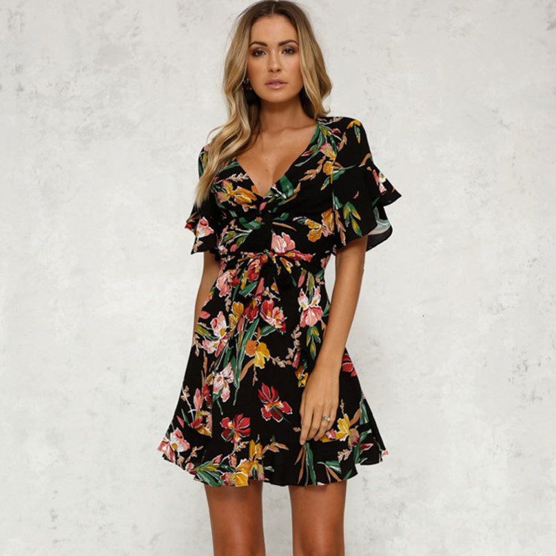 Women Boho Short Mini Dress Summer Floral Printed V-Neck Bow Knot Beachwear Sundress Ladies Short Sleeve Ruffles Loose Vestidos 210419