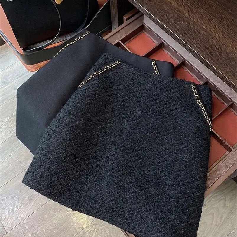 Skirts autumn Korean style Chain decoration women Tweed Skirts High waist slim A-line skirts Fahion Wrap mini skirt 231129