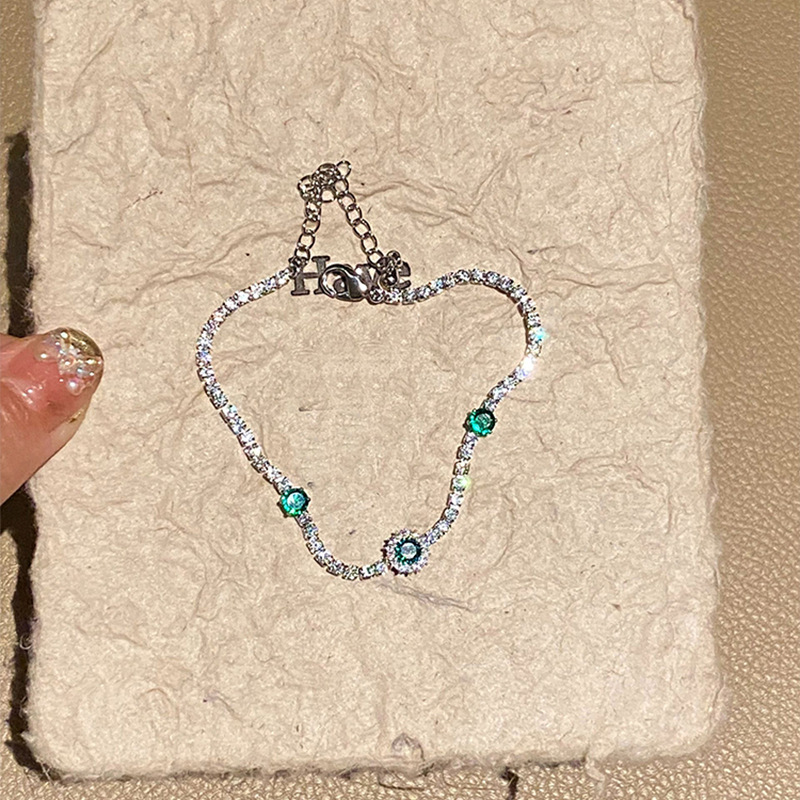 Silver - Toned Bracelet With Green Gemstones, Rhinestones And "Love" Detail Delicate Daily & Elegant Jewelry Gift For Her High - Quality Sty