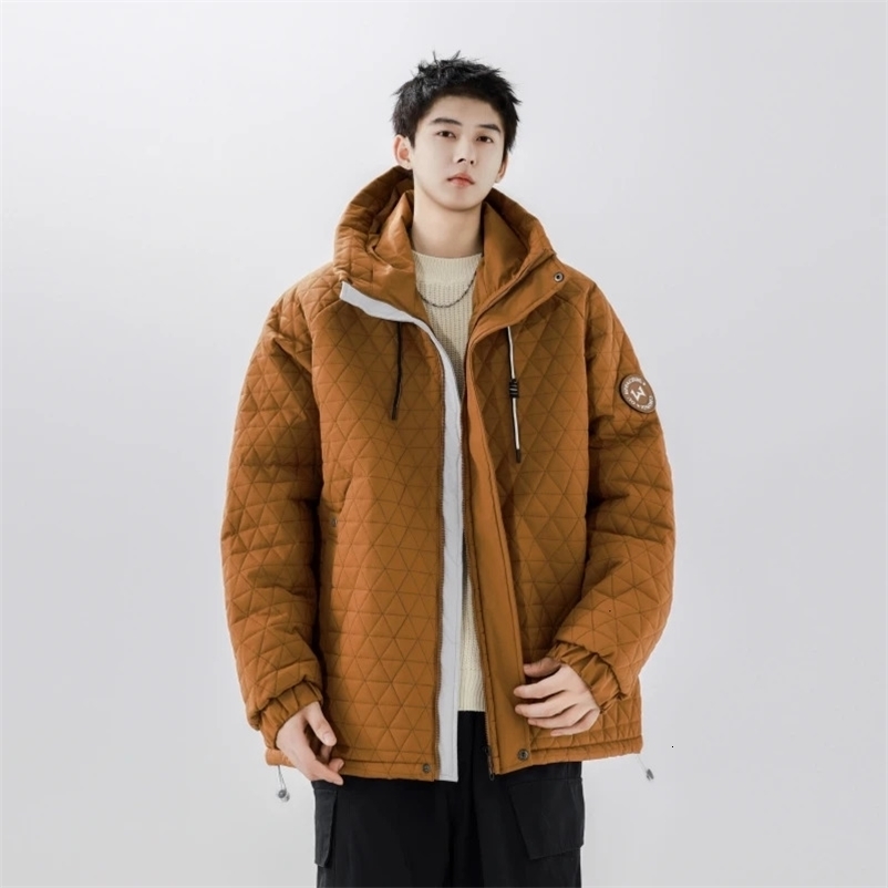 Men's Down Parkas Winter Hooded Zip-Up Men's Windbreaker Lightweight Padded Jacket Diamond Lattice Coat Retro Parkas Fashion Thick Warm Oute