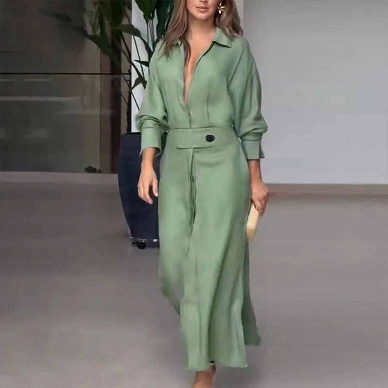 2025 New Elegant Women's Commuter Tie Solid Color Waist-Cinching Long Sleeve Irregular Shirt Dress for Women