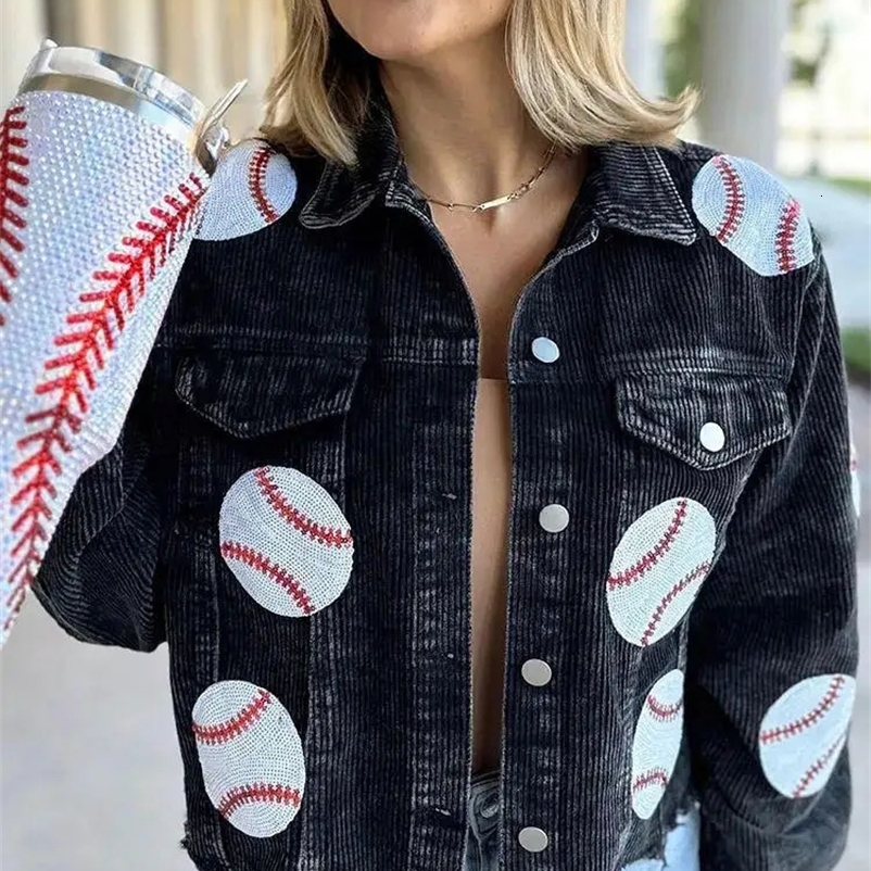 Distressed Corduroy Jacket Womens Baseball Sequin Lapel Long Sleeve Autumn And Winter Jacket Tops For Outerwear 240229