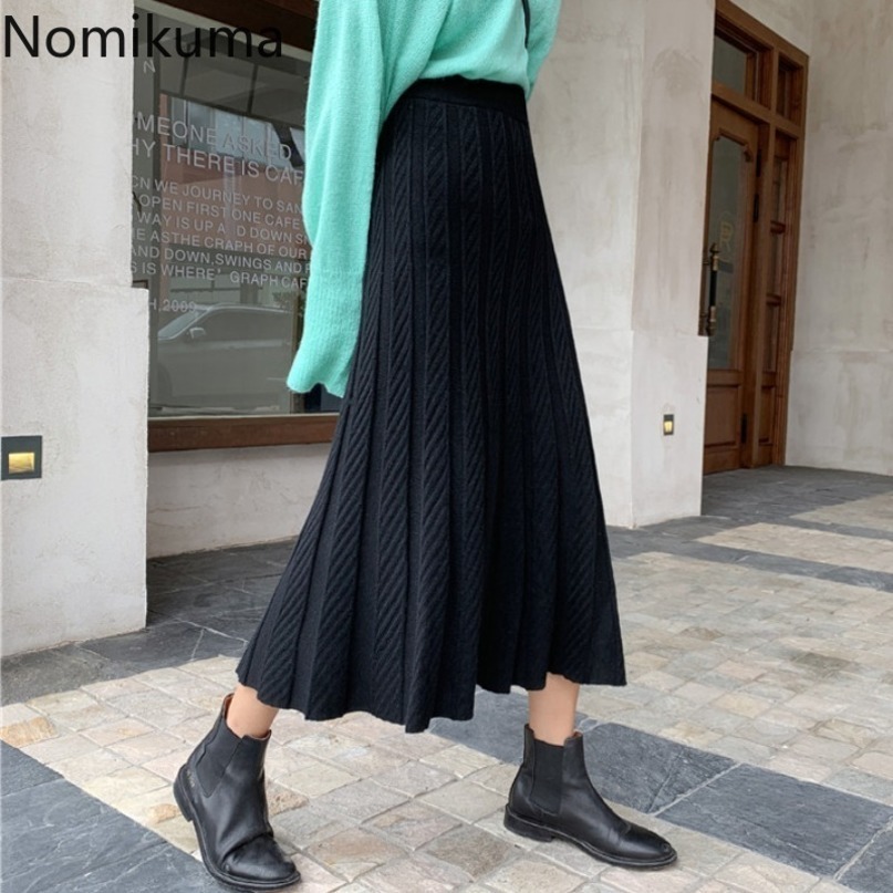 Nomikuma Knitted Women Skirt Korean Solid High Waisted A-line Midi Sweater Skirt Autumn New Causal Faldas Mujer Moda 6C058 210427