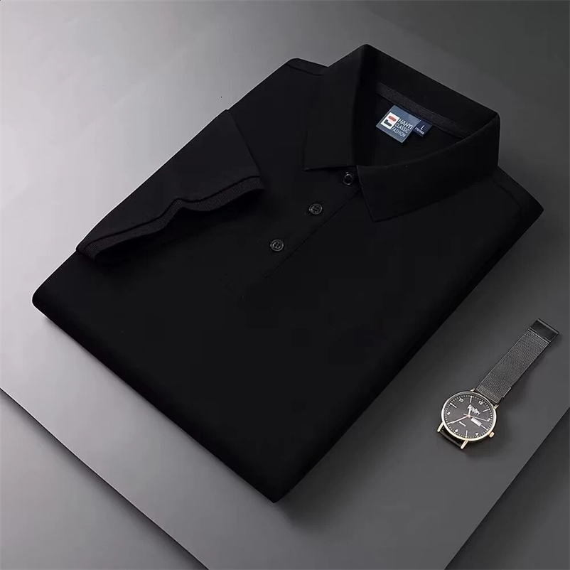 Summer Mens Ice Silk Seamless T-shirt with Collar Business Solid Color Half Sleeve Polo Shirt 250317