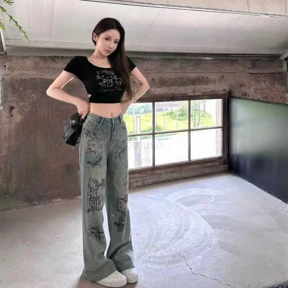 Sanrio Hello Kitty Cotton Jeans Cartoon Comfort Loose Wide Leg Pants Cute Soft Straight Leg Pants Sweet Girls Gift L250925