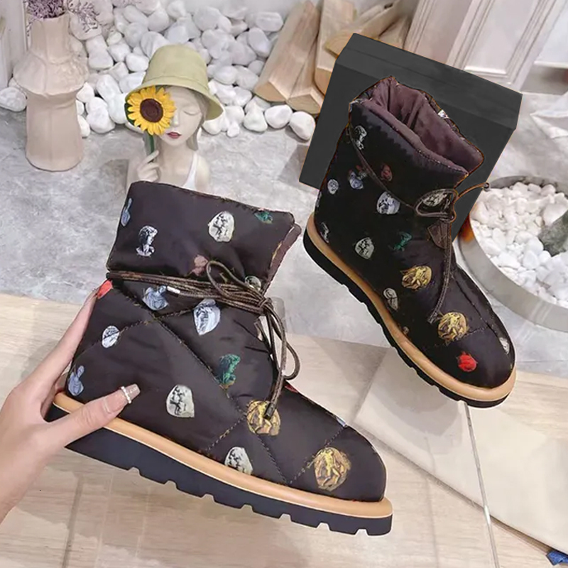 Women PILLOW Comfort Ankle Boots Print Snow Boot Lace UP Down Boots Fashion Outdoor Casual Shoes Leather Eiderdown Martin Boots 265