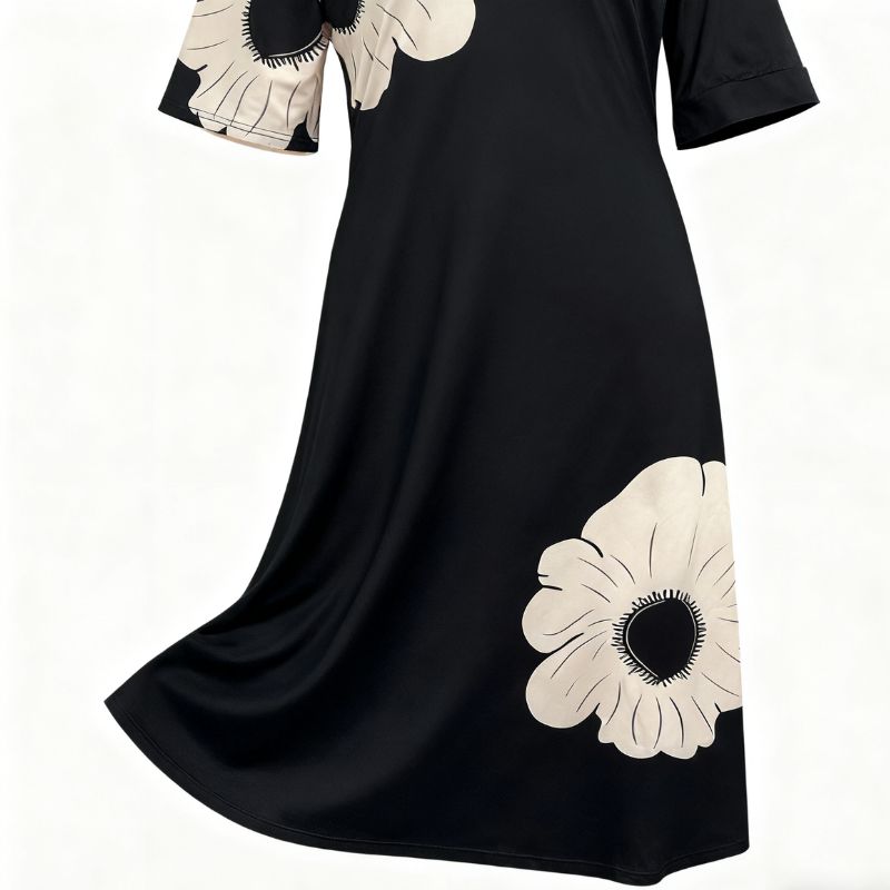 Women's Plus Size V-Neck Short Sleeve Floral Print Maxi Dress - Black Milk Silk Casual Daily Commute Dress-YL25298