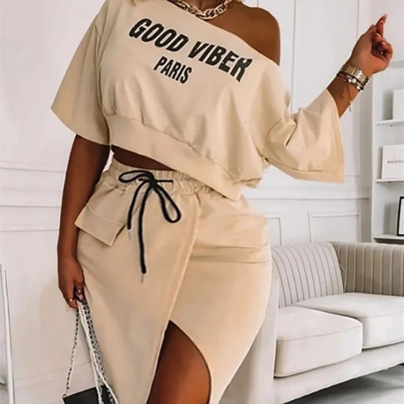 LW Plus size two pieces good Viber single shoulder letter printing set crop tophigh split elegant matching suitable for women 250422