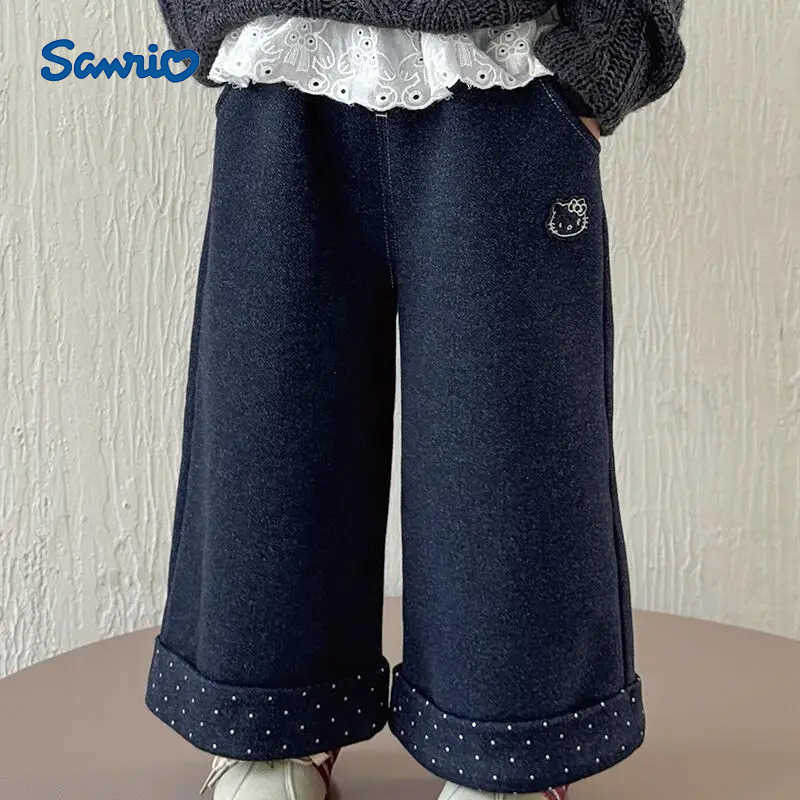 Sanrio Hello Kitty Jeans Girl Winter Thicken StraightLeg Pants Child Versatile Kawaii Anime Cartoon Fashion New Casual Clothing L250925