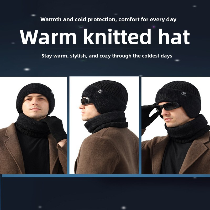 Men's Winter Thickened Ear-Warming 3-Piece Set: Knit Hat, Scarf Gloves Cold-Resistant Warm Knit Headwear for Cycling + Outdoor Performance Headge