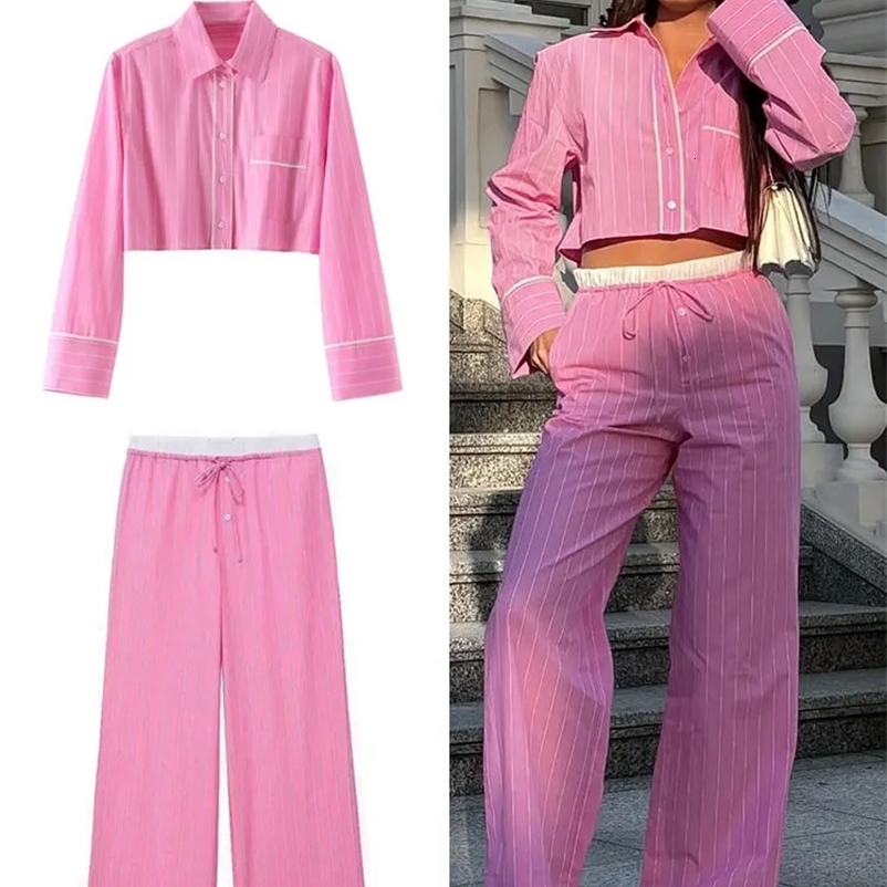 TRAFZA Women Sweet Pink Stripe Blouse Pant Sets Button Long Sleeve Cropped Shirt Patchwork Drawstring Straight Trousers TRAF 241217