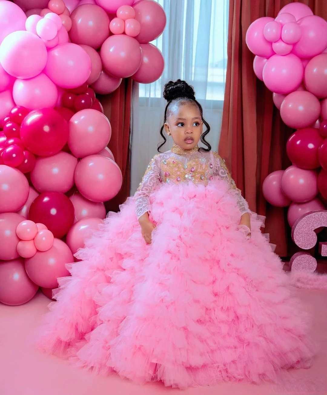 Layered Flower Girl Dress Elegant Tulle Gem Sequin Long Sleeve Fluffy Princess Kids Birthday Gift Ball First Communion Gowns W250925