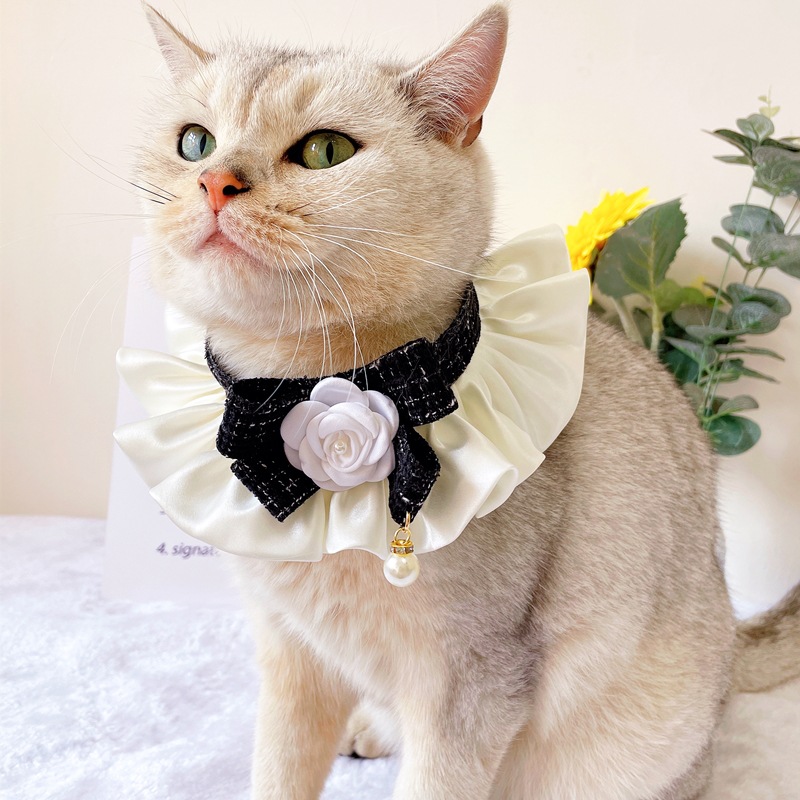Luxury Cat Collars Elegant Cowbot Pet Woven Straw Cat Neckerchiefs for Daily Collocation Camellia for Photo