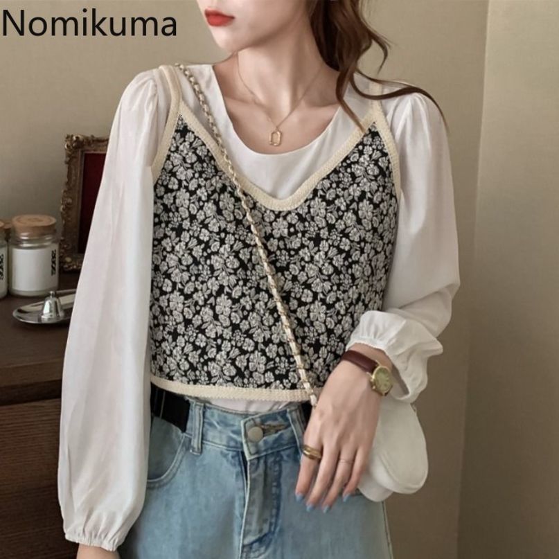 Nomikuma Korean Autumn Women 2pieces Blouse Sets Long Sleeve O-neck Causal Pullover Shirt + Floral Sling Vest New 6D279 210427