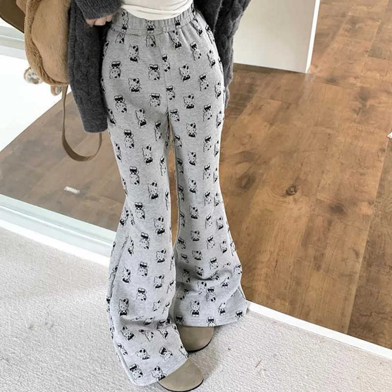 Sanrio Grey Hello Kitty Cartoon Printed Casual Pants For Women High Waisted Walking Trousers Slim Fit Straight Leg Micro Flared Pants L250925