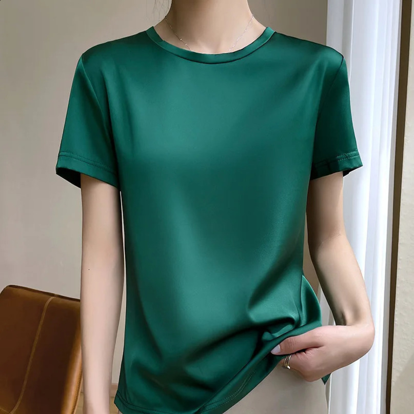 Womens short sleeved Tshirt womens ultrathin bottom thin top satin shirt 240814