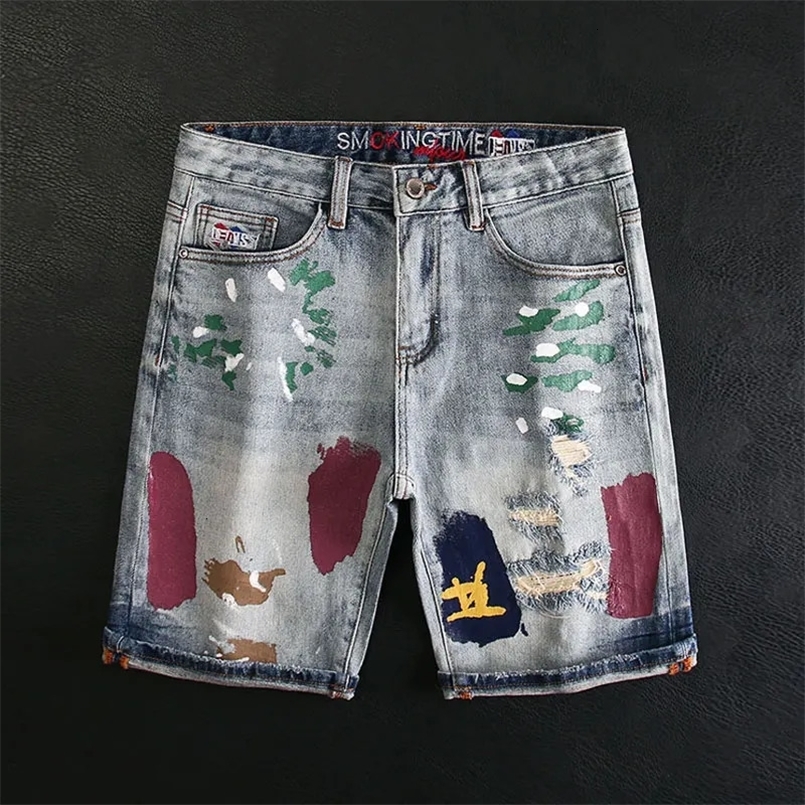 Street Fashion Men Jeans Summer Retro Blue Stretch Slim Fit Ripped Short Jeans Painted Hip Hop Denim Shorts Men 241205