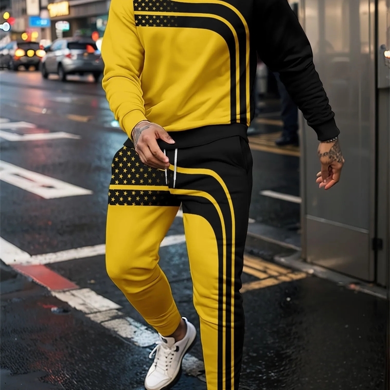 Sports Shirt Set 3D Printed Line Splicing Black Yellow Green White Pulloversports Sports Shirts 241203