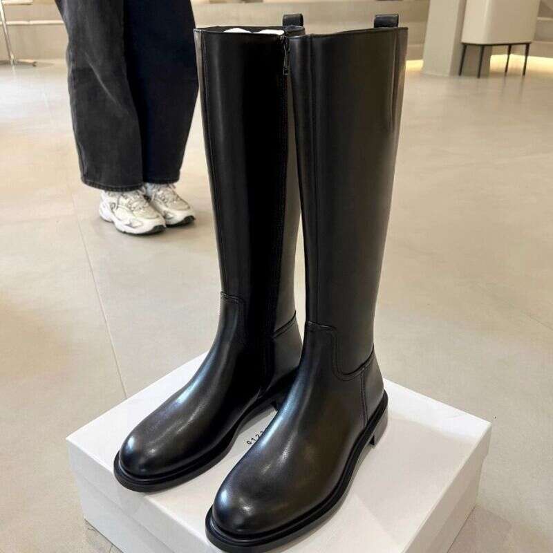 Hot Selg High-End Minimalist Round Toe Low Heel Side Zipper Fashionable Women's Exquisite High-Quality Long Leg Knight