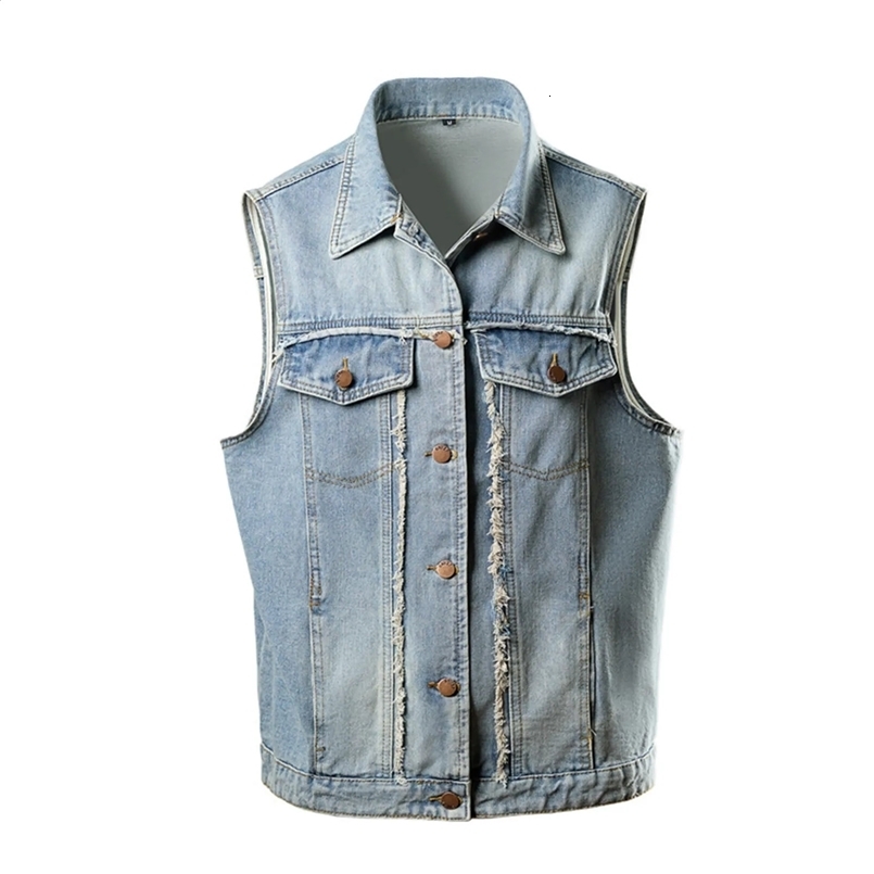 2025 Mens Denim Vest Coat Autumn Spring Casual Waistcoat Single Breasted Loose Button Pocket Jean Outerwear For Men 250206