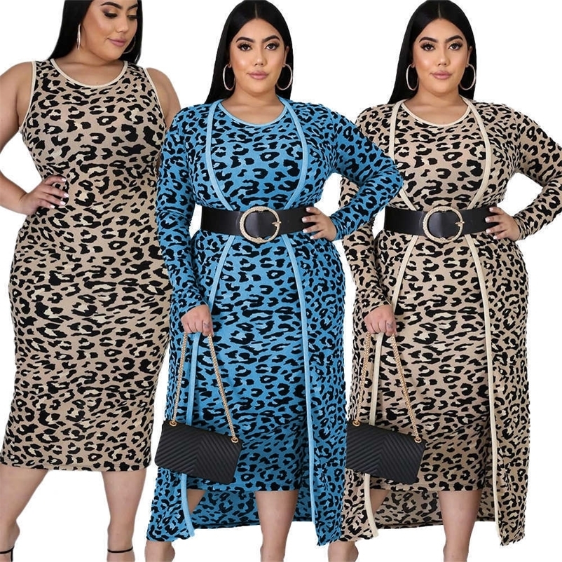 CM.YAYA Plus Size XL-4XL Leopard Print Women's Set Long Sleeve Long Cloak Tops Bodycon Midi Dress Two Piece Matching Set Outfits 210708