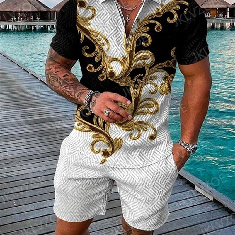 Summer Men's Tracksuit Set Polo Shirts Shorts Vintage Turn Down Collar Casual Shirt Suit Fashion Beach Outfits Male Clothing 240106