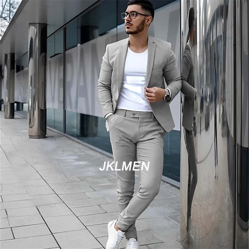 Grey mens 2-piece summer casual jacket pants formal wedding evening dress grooms clothing custom color jacket XS-5XL 240921
