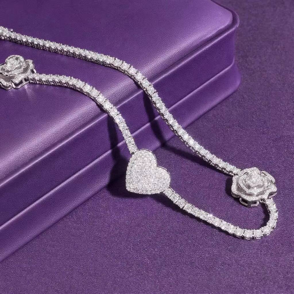 Hip Hop Iced Jewelry 3mm VVS D Color Moissanite Bling 925 Silver Rose Flower Heart Tennis Chain Necklace for Women Gift