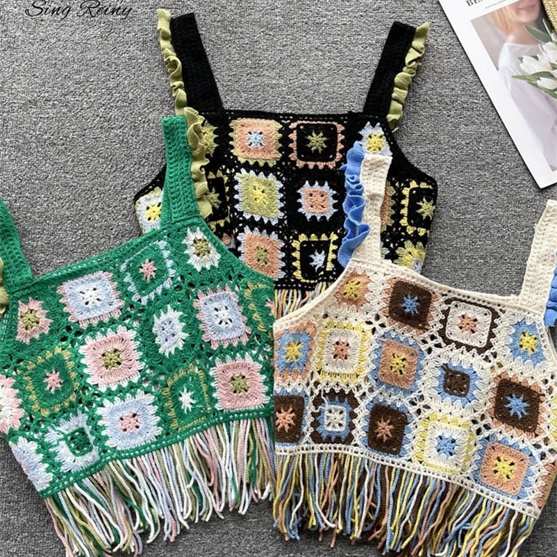 Camisoles Tanks SINGREINY Tassel Knitted Beach Camisole Summer Holiday Strap Loose Chic Camis Fashion Hollow Out Backless Floral Tank Tops 230518