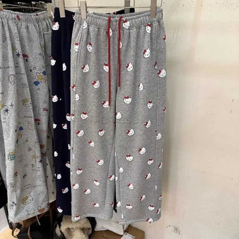 Sanrio Kawaii Hello Kitty Women Velvet Thickened Casual Sweatpants Cute Hip Hop Straight Pants Wide Winter Leg Pants Girls Gift L250925