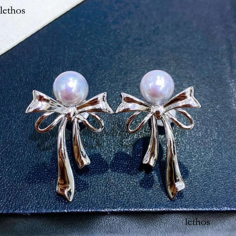 22090711 Diabox -Jewelry earrings ear studs blue PEARL sterling sier bow knot ribbon akoya 6.5-7 mm round pendant charm gift idea girl b2