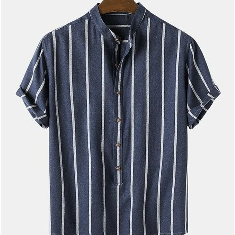 Men's Casual Shirts Men's Summer Men's Shirts Simple Fashion Stripes Men's Standing Collar Youth Short Sleeve Shirt Lace 230412