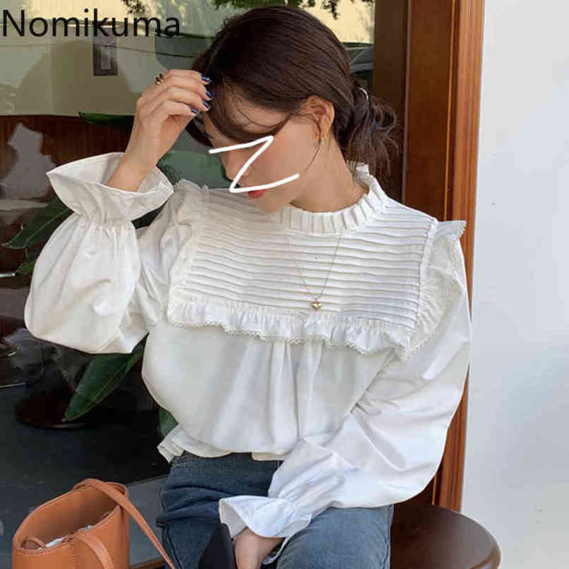 Nomikuma Causal Slim Waist Flare Sleeve Blouse Women Korean Stand Neck Shirt Spring New Pullover Blusas Mujer De Moda 6D864 210427