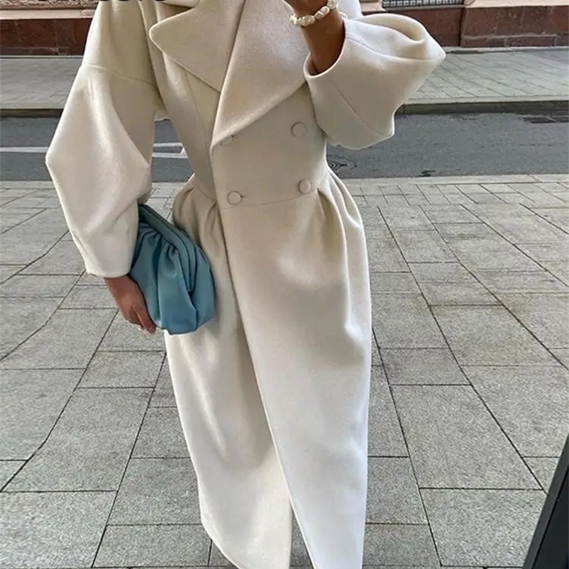 Women's Wool Blends Elegant Solid Woolen Blend Overcoat Women Fashion Thick Lapel Double-Breasted Long Sleeve Jacket Spring Autumn Lady Outwear 2