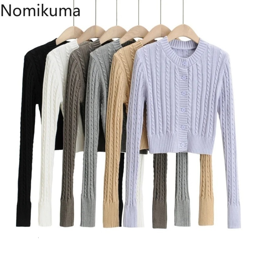Nomikuma Spring New Twisted Knitted Cardigan Long Sleeve O-neck Slim Short Knitwear Causal Korean Solid Sweater Coat 6E181 210427