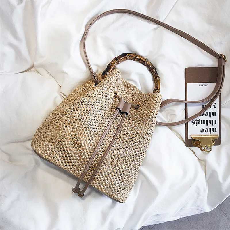 Women Drawstring Straw Bucket Bag Female Summer Handmade Woven Shoulder Messenger Bags Ladies Shopping Purse Beach Bags Handbags Z250923