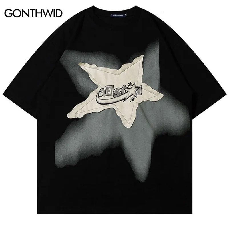 Men Oversized T Shirt Star Splicing Harajuku Streetwear Tshirts Man Fashion Casual Loose Cotton Hip Hop Y2K T-shirt Tops 240409