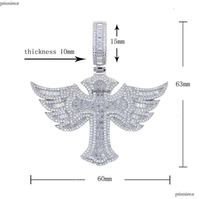 Hip Hop Wing Cross Pendant Necklace with Chain 5A Zircon White Gold Plated Religious Men Jewelry aaa