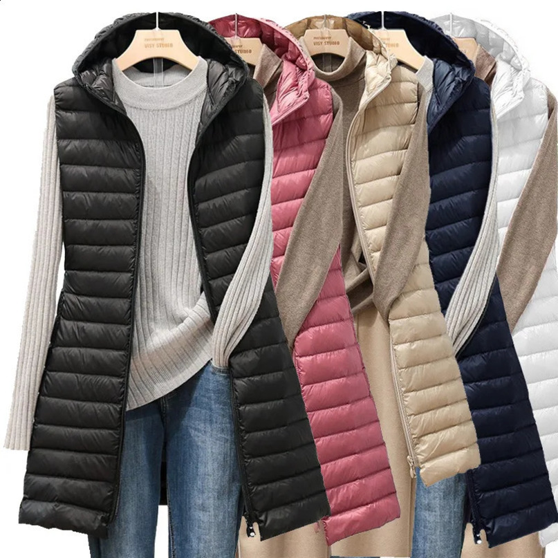 womens autumn and winter mid length hooded lightweight lined jacket cotton vest 240910