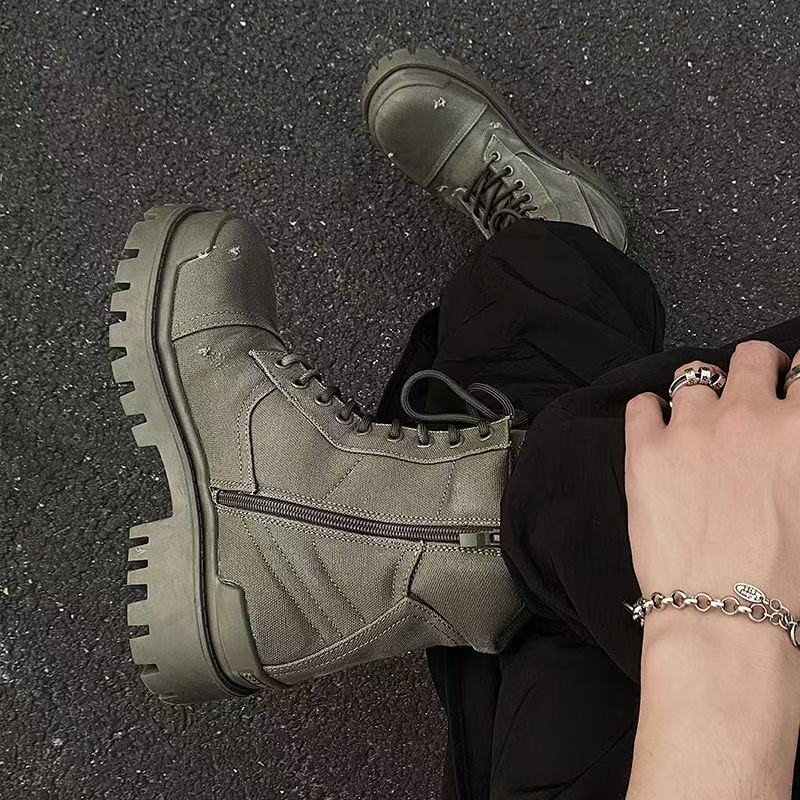 designer Boots in green cotton canvas couple martin boots high quality Combat Strike 20mm cotton canvas upper classic round toe boots autumn winter br
