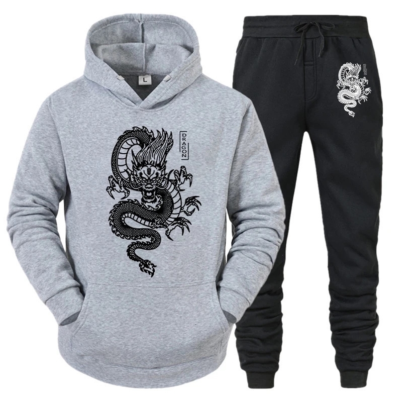 Men Tracksuit Set HoodiePant Spring Winter Dragon Print Casual Fleece Sweatshirt Sportwear Homme Streetwear Men Clothing 240106