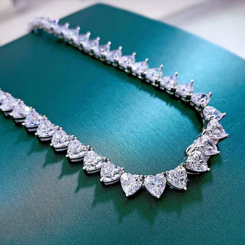 925 Sterling Silver Prong Setting 6x7mm White Heart Moissanite Tennis Chain Necklace