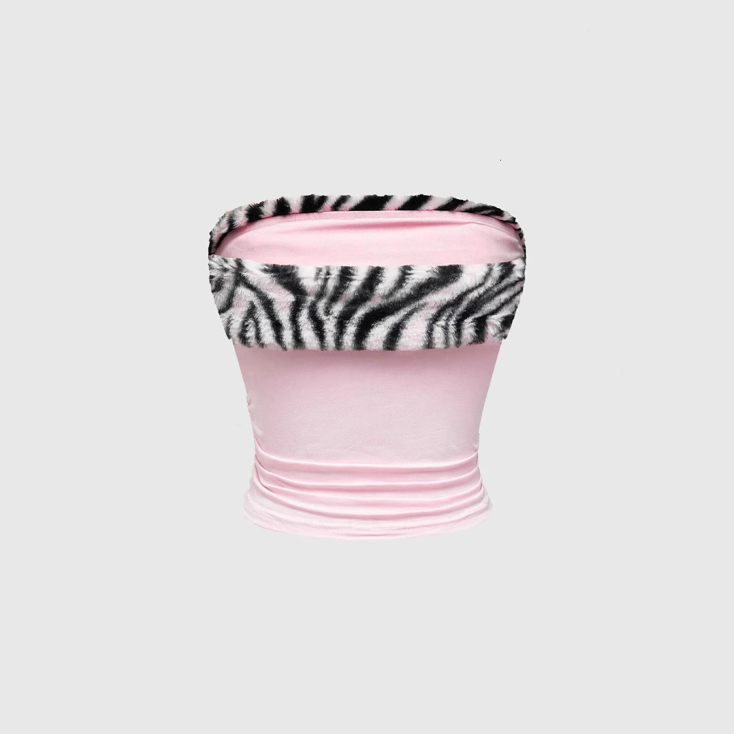 Sweet and Spicy Design Slim Fit Tight Plush Leopard Print Patchwork Crop Hot Girl Women's Tube Top Vest