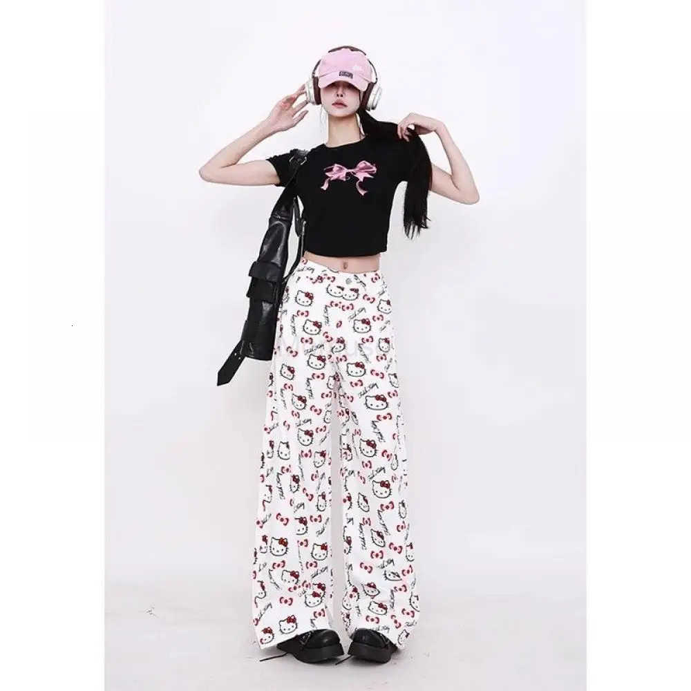 Sanrio Anime Jeans Y2K Hello Kitty Cartoon Comfort Loose Wide Leg Pants Cute American Retro Straight Leg Pants Sweet Girls Gift L250925