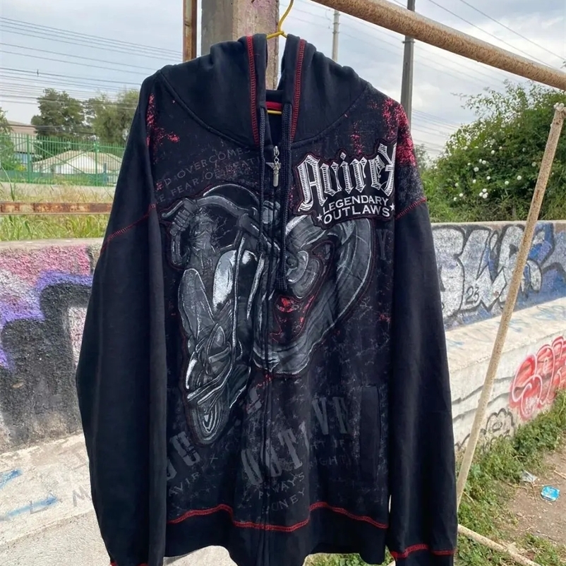 American High Street Gothic Oversized Pattern Loose Hooded Sweatshirt for Women's Retro Homestay Hip-hop Casual Y2K Top 240106